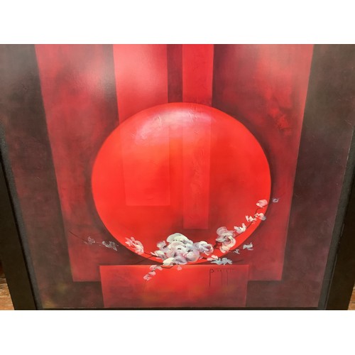 411 - Bernadette Triki (20th Century) ‘Offrande’ Large abstract print on board, in shades of red, with whi... 