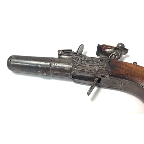 406 - A late 18th century 36-bore Flintlock pocket pistol, with 1.5 inch numbered twist-off tapering cylin... 