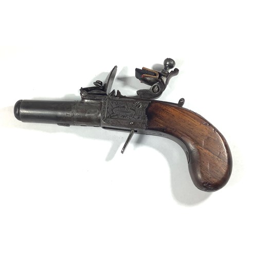 406 - A late 18th century 36-bore Flintlock pocket pistol, with 1.5 inch numbered twist-off tapering cylin... 