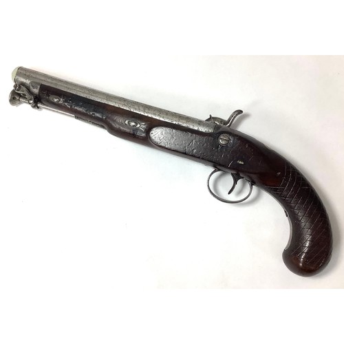 407 - A 19th Century 15-bore Percussion Holster Pistol by Ezekiel Baker, later converted from flintlock, 9... 