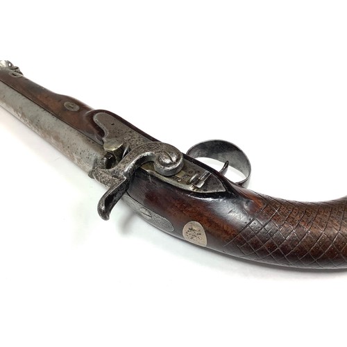 407 - A 19th Century 15-bore Percussion Holster Pistol by Ezekiel Baker, later converted from flintlock, 9... 