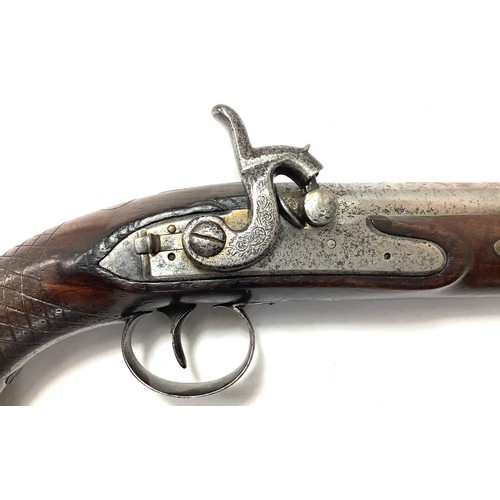 407 - A 19th Century 15-bore Percussion Holster Pistol by Ezekiel Baker, later converted from flintlock, 9... 