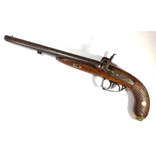 412 - An early 19th century 37-bore double-barrel percussion pistol, 10-inch twist barrels with gilt lette... 