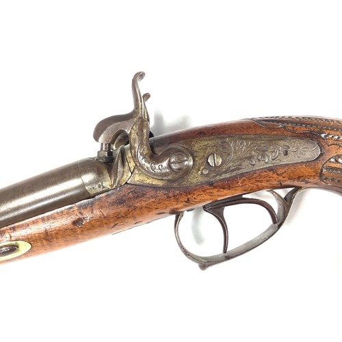 412 - An early 19th century 37-bore double-barrel percussion pistol, 10-inch twist barrels with gilt lette... 