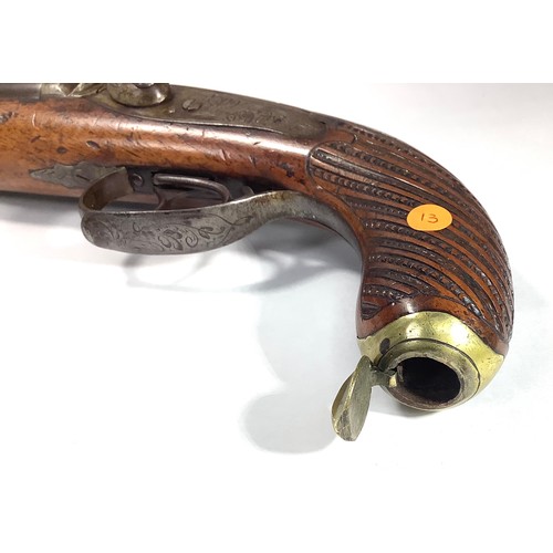412 - An early 19th century 37-bore double-barrel percussion pistol, 10-inch twist barrels with gilt lette... 