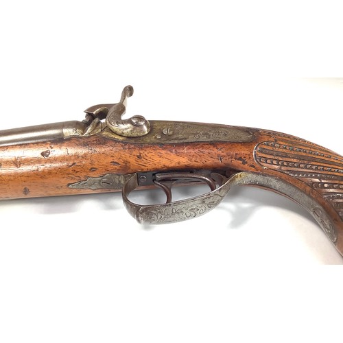 412 - An early 19th century 37-bore double-barrel percussion pistol, 10-inch twist barrels with gilt lette... 