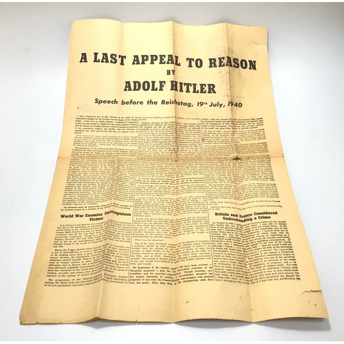 422 - A WWII German propaganda air-drop leaflet entitled 'A Last Appeal To Reason By Adolf Hitler', As dro... 