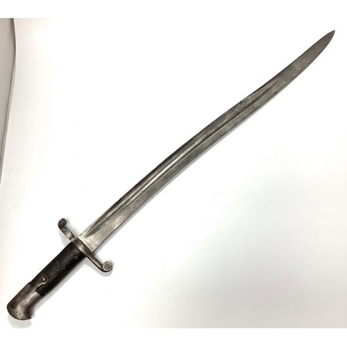 428 - A British 1860 pattern sword bayonet with 57cm fullered yataghan shaped blade and chequered black tw... 