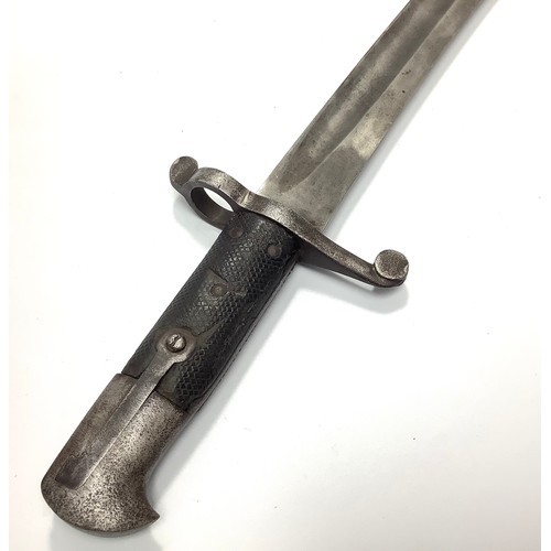 428 - A British 1860 pattern sword bayonet with 57cm fullered yataghan shaped blade and chequered black tw... 