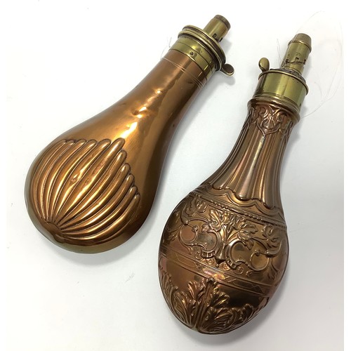 420 - Two various copper and brass gunpowder flasks, an Improved Patent flask by James Dixon & Sons, Sheff... 