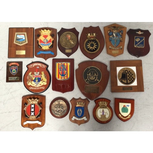 441 - Sixteen various Naval crests / badges including a bronze Fregate Georges Leygues, RAE Bedford, USS P... 