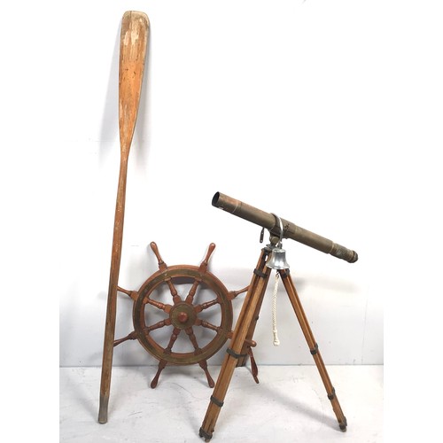 443 - A wooden and metal bound eight-spoke ship’s wheel, together with a Blunt & Wray telescope (af), smal... 