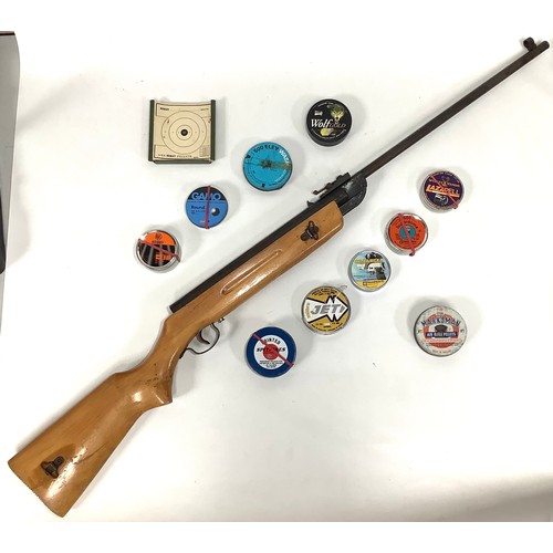 447 - A Chinese .22 air rifle with thumb release break barrel, foresight and adjustable rear sight, varnis... 