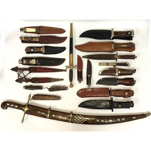 448 - Twenty one various swords and daggers including an Indo-Persian shamshir with engraved curved blade ... 