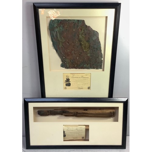 453 - A mounted, glazed and framed fragment of oak from HMS Victory with certificate of provenance signed ... 