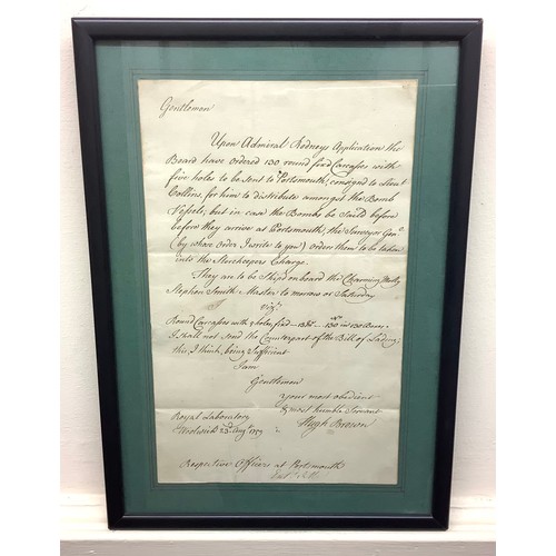 457 - Of Maritime/Ordnance/ Admiral Rodney interest, a letter referring to an order for 130 bombs to be se... 