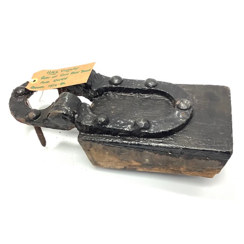 459 - HMS Victory Interest: An 18th century wrought-iron Gunport hinge, 30x13cm attached to an original pa... 