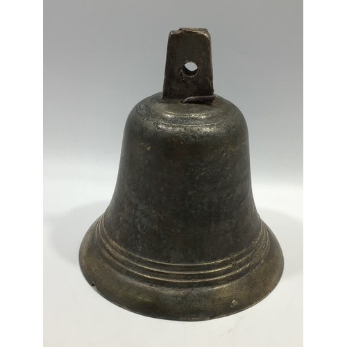 219a - A 19th century bronze bell and clapper marked ‘19’ to top of bell, three band decorative belt, 19cm ... 