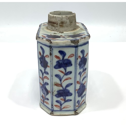 57 - An early 18th century Chinese porcelain canted rectangular tea caddy or canister, painted in undergl... 