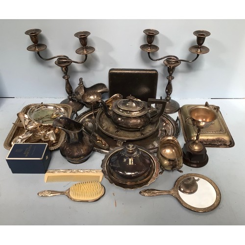 75 - Various silver-plate including a pair of twin-light candelabra, 3-piece tea set, trays, tureen & cov... 