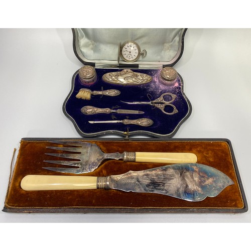 81 - An art nouveau silver manicure set with embossed flowers, Chester, 1906, maker’s mark of James Deaki... 