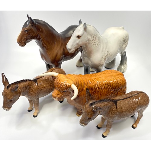 47 - Five assorted Beswick pottery animals comprising a dapple grey Shire horse and another shire horse, ... 