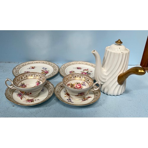 3 - Two Hammersley & Co trios in the ‘Dresden Sprays’ pattern, together with a Mintons chocolate pot wit... 