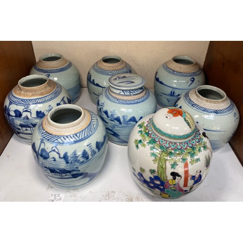 100 - Seven various blue and white painted Chinese ginger jars, and a polychrome example painted with figu... 