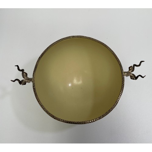 93 - A silver mounted ostrich egg bon-bon dish with applied Kudu head handles, marked ‘Kruger 925’ to bas... 