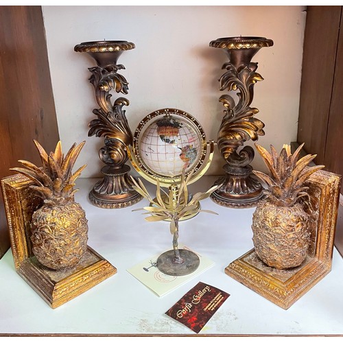 332 - A pair of gilt painted composite pineapple bookends (one af), together with a pair of foliate carved... 