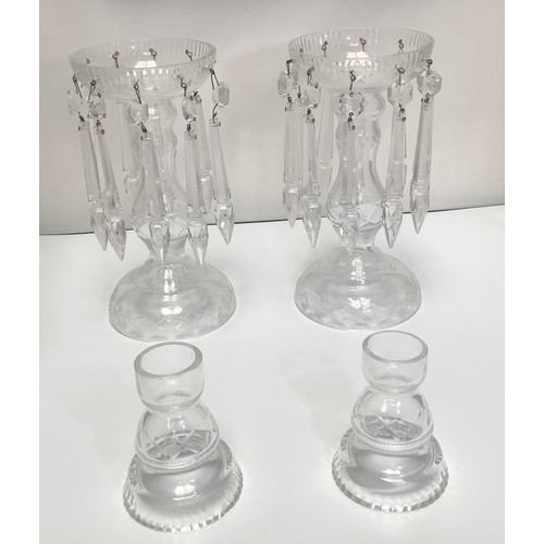 2 - A pair of clear glass lustres with criss-cross etching and clear cut glass prism drops, 21cm high, t... 