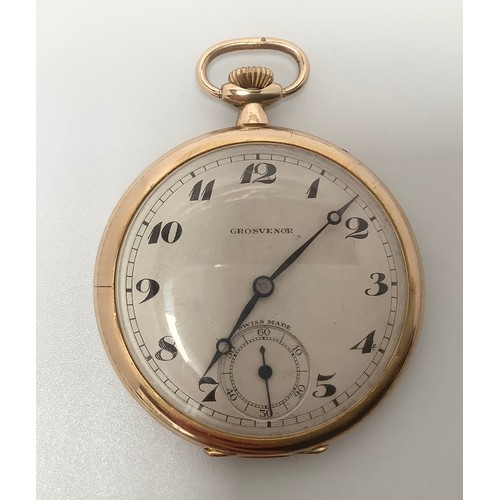 167 - An early 20th century 9ct gold pocket watch by Grosvenor, the silvered dial with Arabic numerals den... 