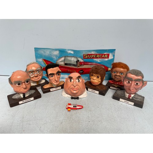 355 - Seven Gerry Anderson reproduction puppet heads from Supercar including Professor Popkiss, Masterspy,... 