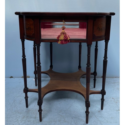 584 - A stained walnut bijouterie table with shaped top, inlaid floral canted corners, red velvet lined in... 