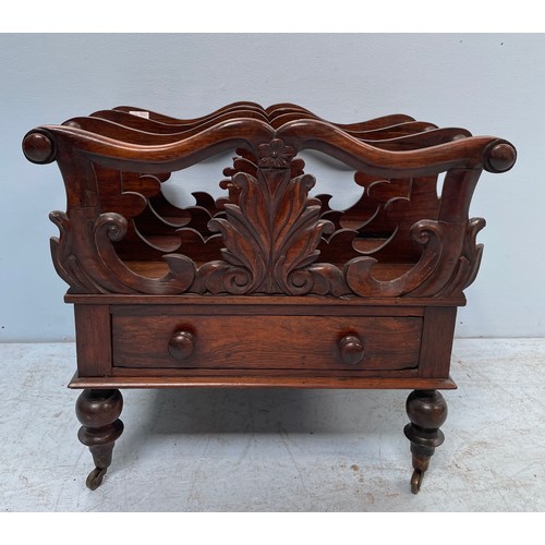 589 - A 19th century rosewood three division Canterbury, with foliate pierced divisions, single drawer, ra... 