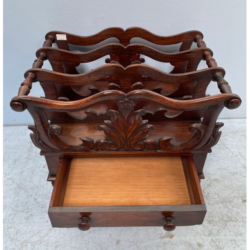 589 - A 19th century rosewood three division Canterbury, with foliate pierced divisions, single drawer, ra... 