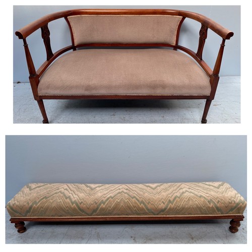 590 - An Edwardian parlour sofa, with curved back, beige upholstered stuff-over seat and back, raised on t... 