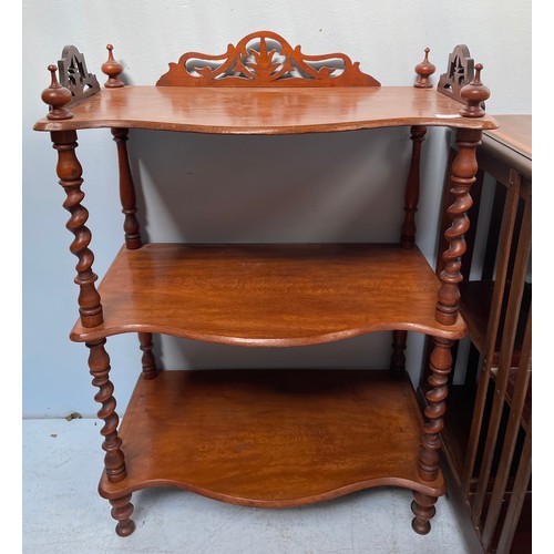 601 - An Edwardian inlaid revolving bookcase with four sections, together with a three tier whatnot with p... 