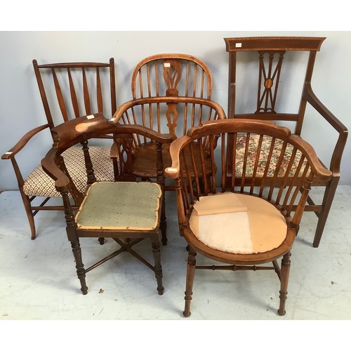 605 - Five various chairs including an inlaid mahogany corner chair, a Captain’s style chair, Edwardian in... 