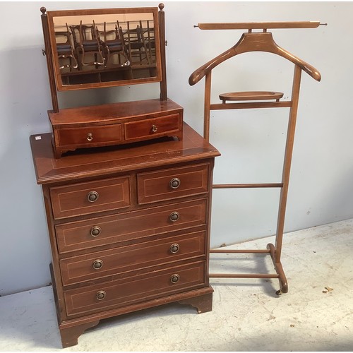 606 - A small Edwardian inlaid chest of two short over three long drawers with brass handles, raised on br... 