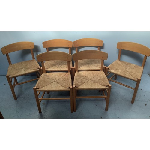 608 - A set of six mid-20th century, Danish light oak standard chairs by Mobler, with rush seats, raised o... 