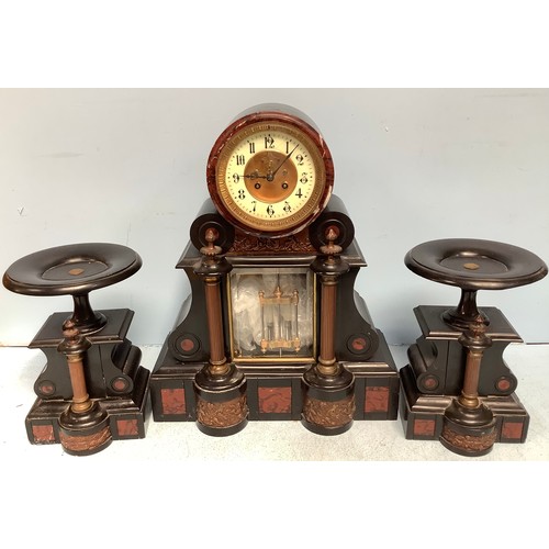 452 - A 19th century French black slate rouge marble and gilt metal mounted three piece clock garniture, t... 