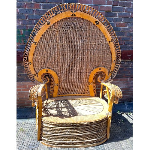 566 - A very large ornate rattan and cane Peacock settee / chair, with semi-circle back and curved arms, i... 