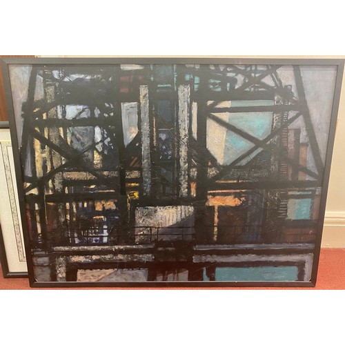 530 - Seaborn (20th century) View across  a city through railings, signed ‘Seaborn’, dated ‘57’, oil on bo... 