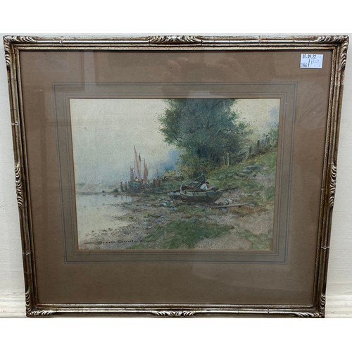 479 - Oswald Garside (1879-1942) Shoreline study with a figure and boats, signed, watercolour, mounted, gl... 