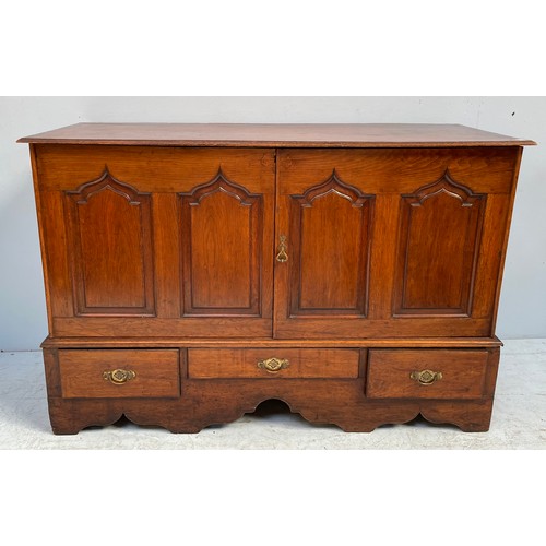 580 - An 18th century oak Carmarthenshire coffer, with later conversion to a cupboard, the two doors with ... 