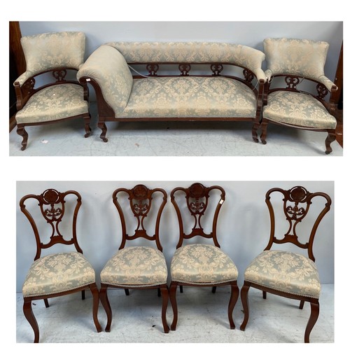 573 - A Victorian stained mahogany settee, with carved and pierced back and duck egg blue floral fabric up... 