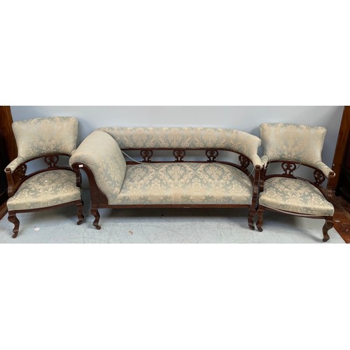 573 - A Victorian stained mahogany settee, with carved and pierced back and duck egg blue floral fabric up... 