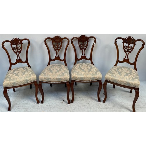 573 - A Victorian stained mahogany settee, with carved and pierced back and duck egg blue floral fabric up... 