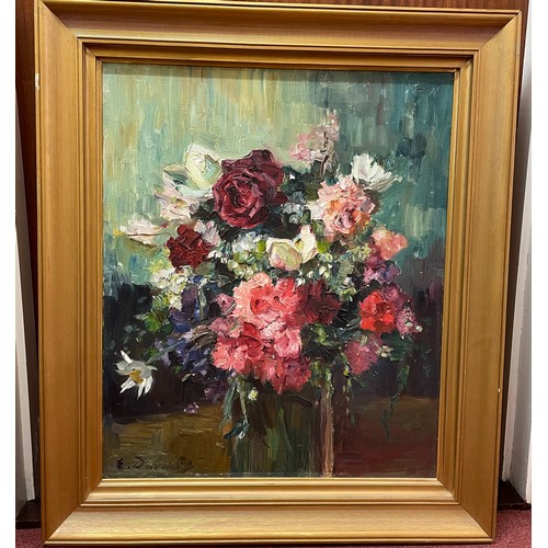 534 - E. Davies, still life study of flowers in a vase, signed, impasto oil on canvas, in gilt frame. 60 x... 